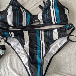 Striped Black and Teal Bikini Set